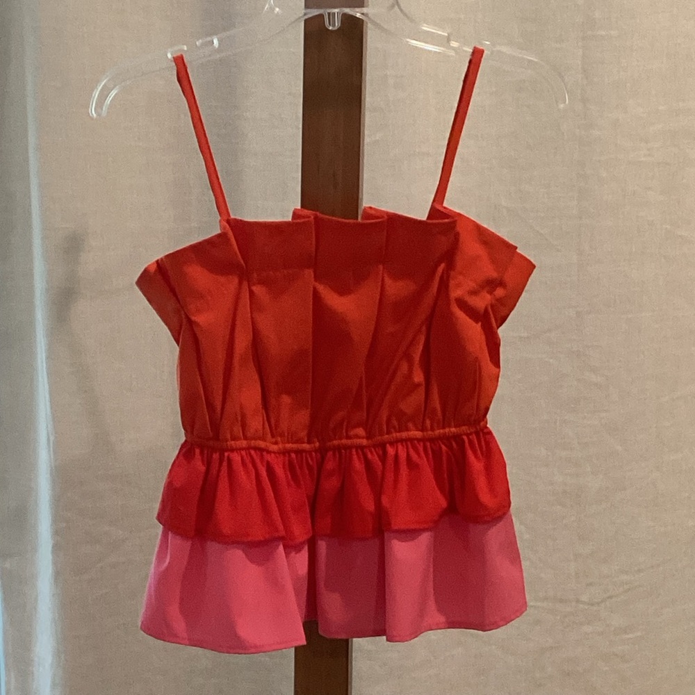 NEVER WORN TCEC Orange, Red & Pink Ruffle Blouse. Size S.